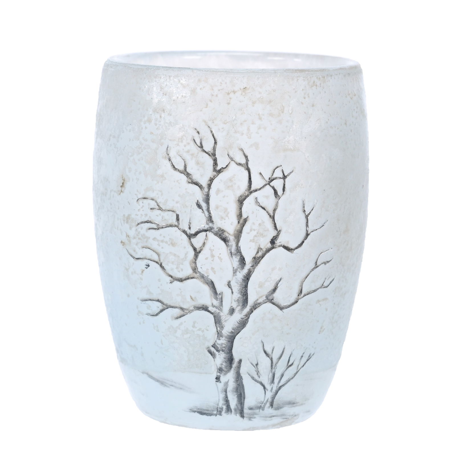 Toothpick Holder Signed Daum Nancy French Cameo: Toothpick Holder Signed Daum Nancy French Cameo, 2" x 1.25", Art Glass, Ice Blue And White Mottled Ground With Winter Season Cameo Carved And Enamel Scene, This Toothpick Holder Is Genuine Daum From T