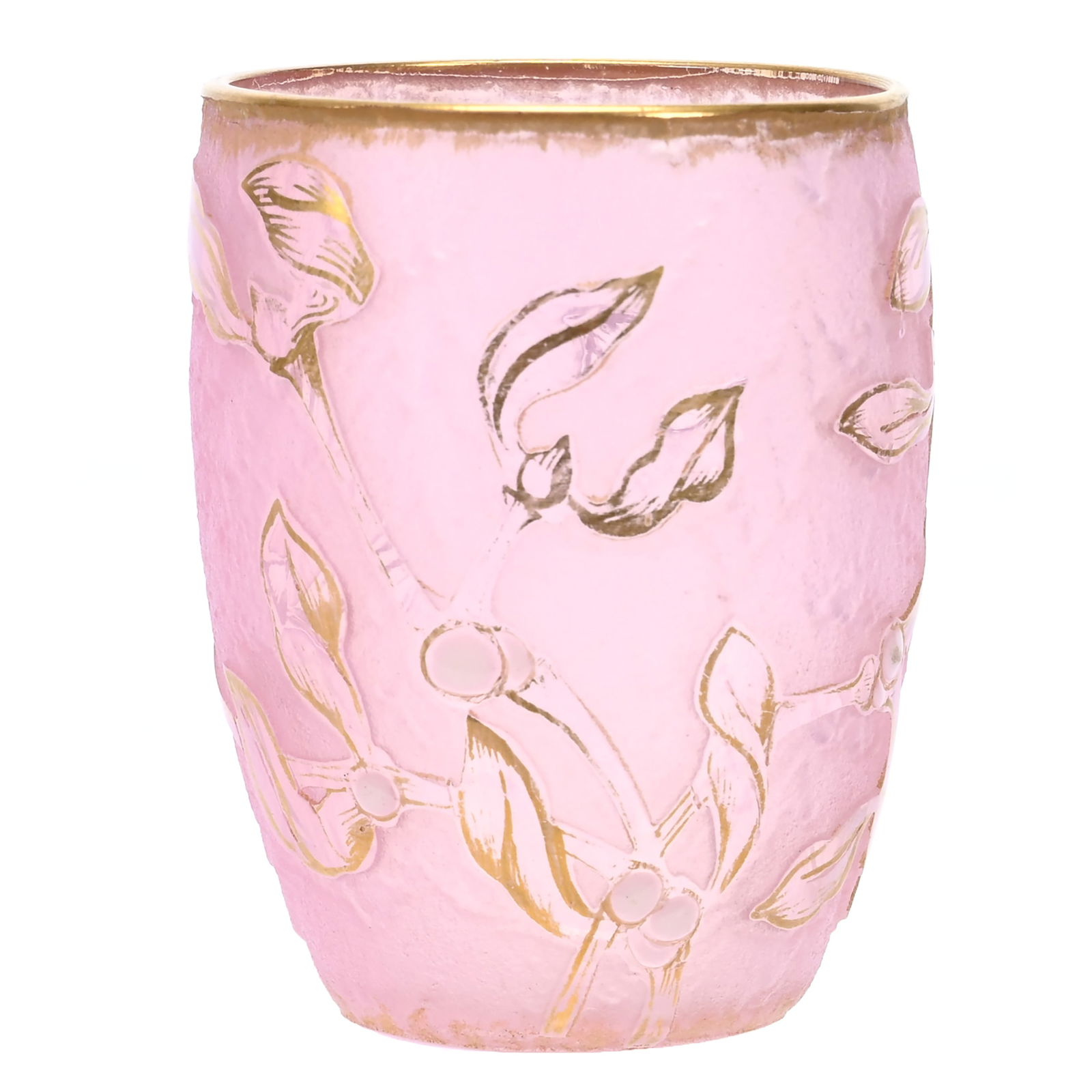 Toothpick Holder Signed Daum Nancy French Cameo: Toothpick Holder Signed Daum Nancy French Cameo, 2" x 1.25", Pink Ground With Branch And Berry Cameo Carved With White Enamel & Gold Stencil Highlights, This Toothpick Holder Is Genuine Daum From The