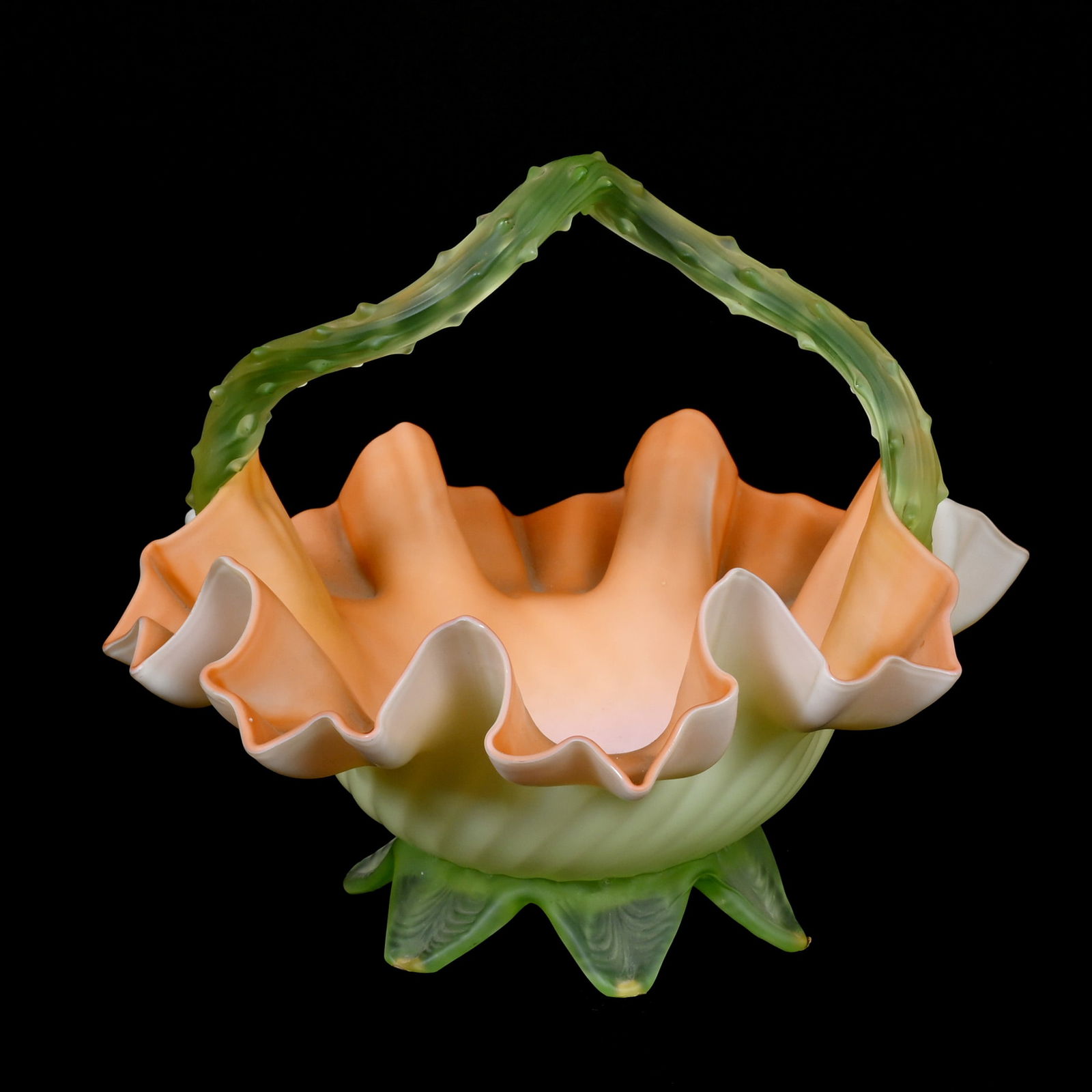 Basket, Peach Satin Art Glass, White Exterior (1 of 4)