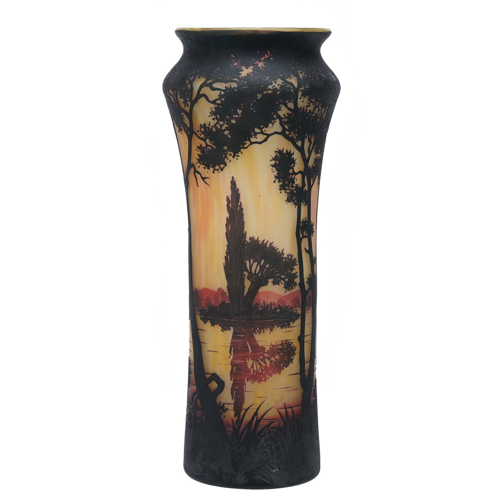 Vase Signed Daum Nancy French Cameo Art Glass: Vase Signed Daum Nancy French Cameo Art Glass, 13.25" x 5.25", Yellow And Orange Mottled Ground With Black/Purple Cameo Cutback Overlay Of Tree And Lake Scenic Decor, This Vase Is Genuine Daum From Th