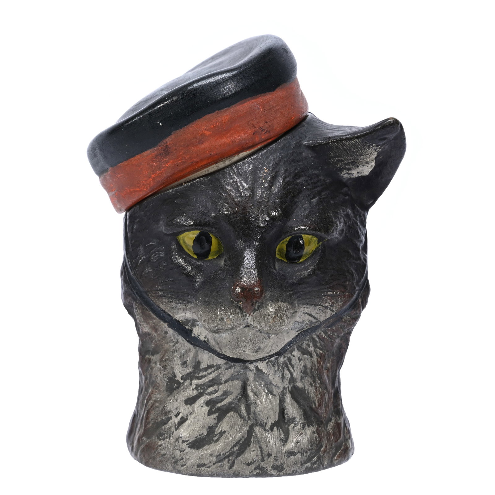 Figural Humidor, Bisque Type Cat Wearing Porter Cap: Figural Humidor, Bisque Type Cat Wearing Porter Cap, 6" x 4.5", Strong Colors, Private Illinois Collection.