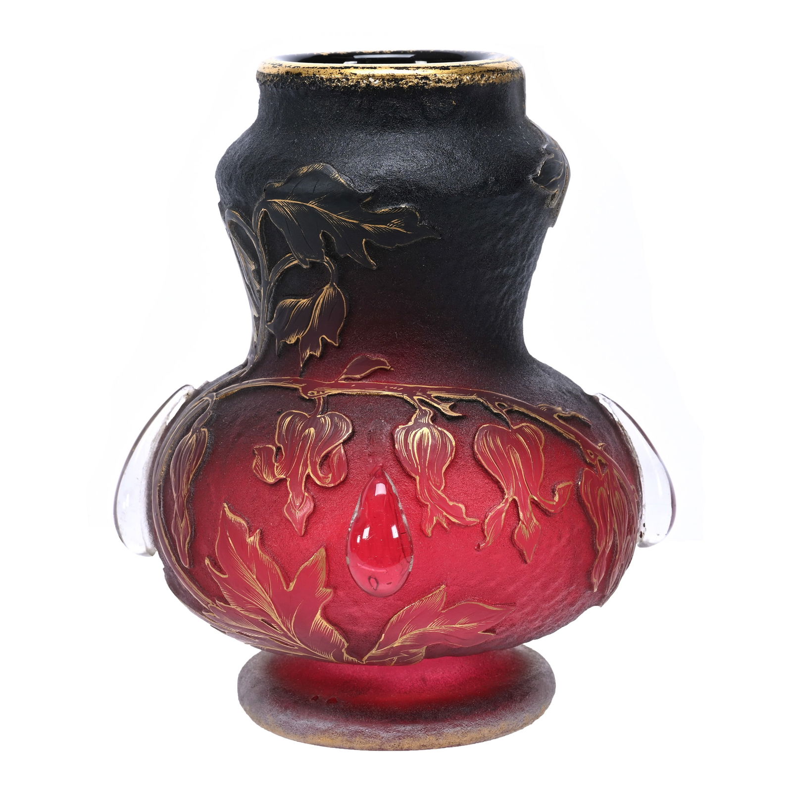 Vase Signed Daum Nancy French Cameo Art Glass: Vase Signed Daum Nancy French Cameo Art Glass, 7" x 5.25", Deep Cranberry Acid Cut Body With Bleeding Heart Decor, Gold Stencil Highlights, Four Applied Clear "Drips" On Body, This Vase Is Genuine Dau