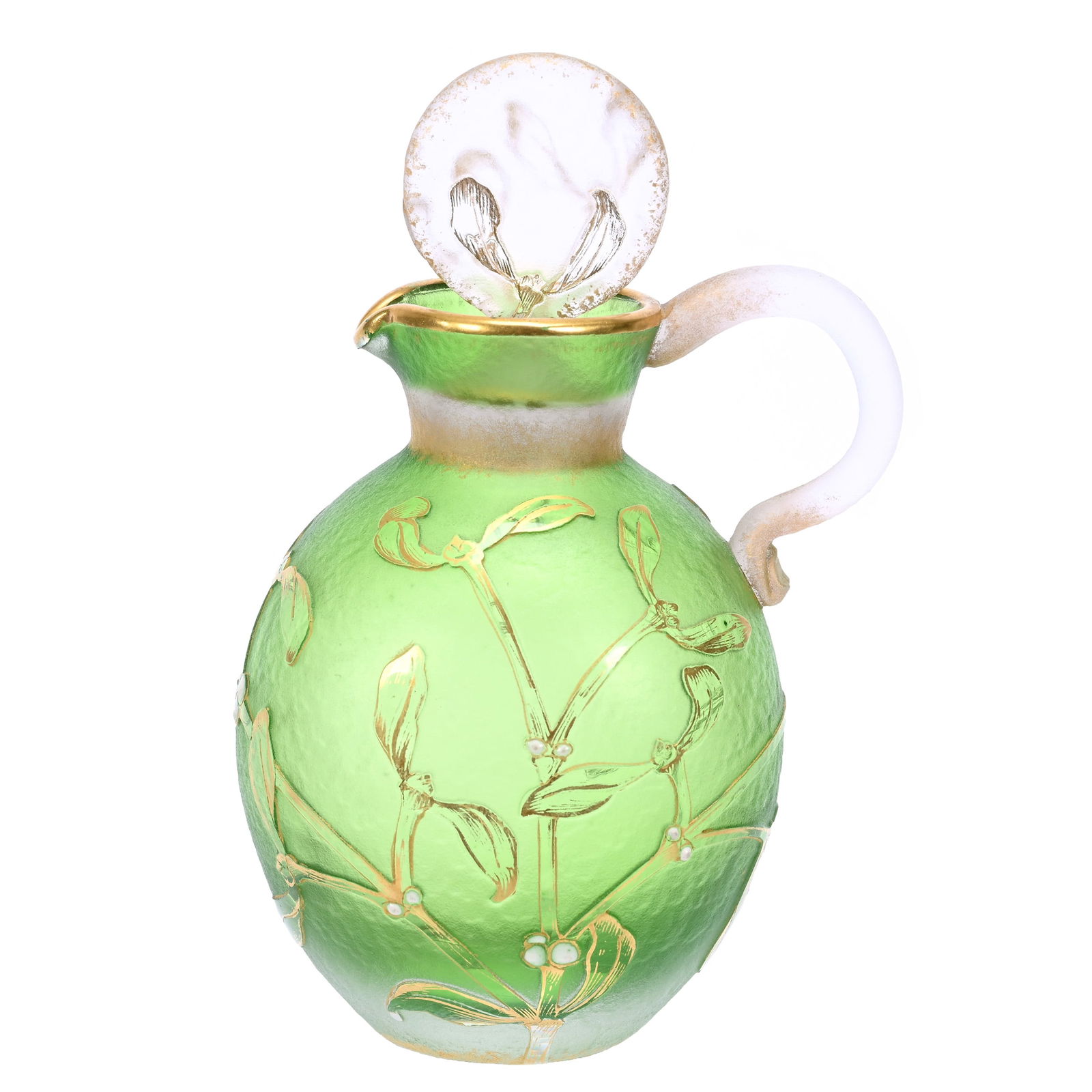 Jug/Stopper Signed Daum Nancy French Cameo Art Glass: Jug/Stopper Signed Daum Nancy French Cameo Art Glass, 5.25" x 3.5", Acid Cut Green And White Ground With Floral Enamel And Gold Stencil Highlights, Jug And Stopper Have Matching Numbers, This Jug Is G