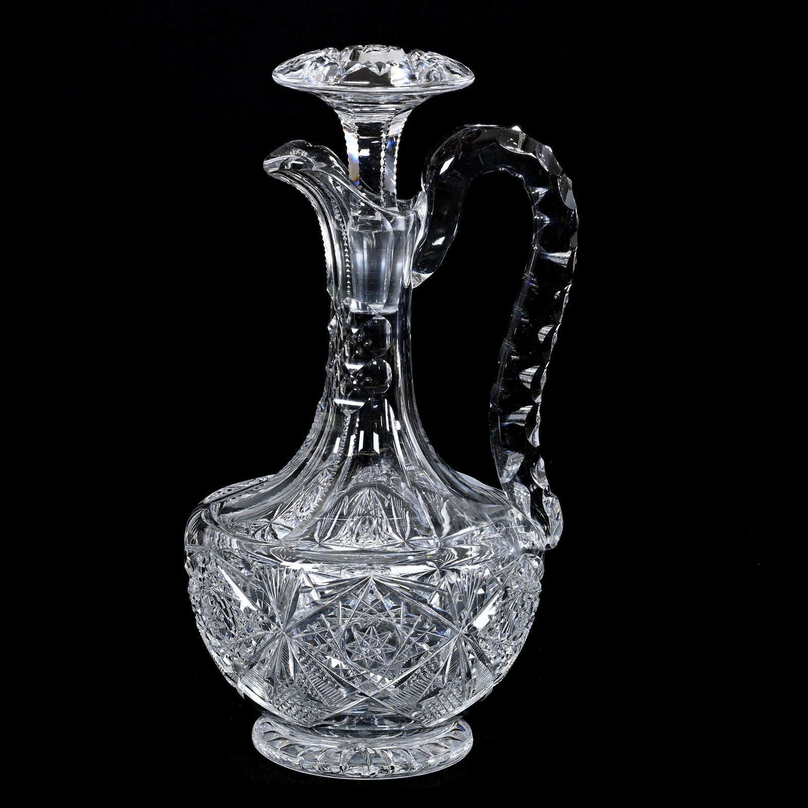 Decanter, ABCG, Signed Gundy & Clapperton: Decanter, American Brilliant Cut Glass, Signed Gundy & Clapperton, 10.5" x 5.5", Hobstar, Diamond And Fan Motif, Ray Cut Foot, Mushroom Hobstar Stopper, Triple Notched Handle, Private Illinois Collect