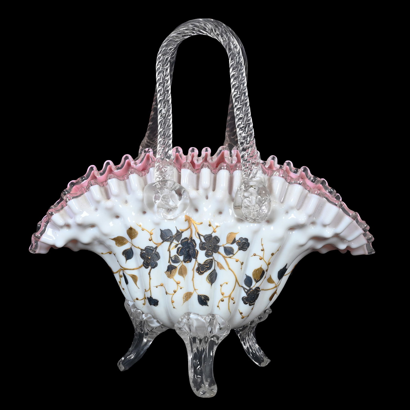 Footed Basket, Cased Pink & White Art Glass (1 of 4)