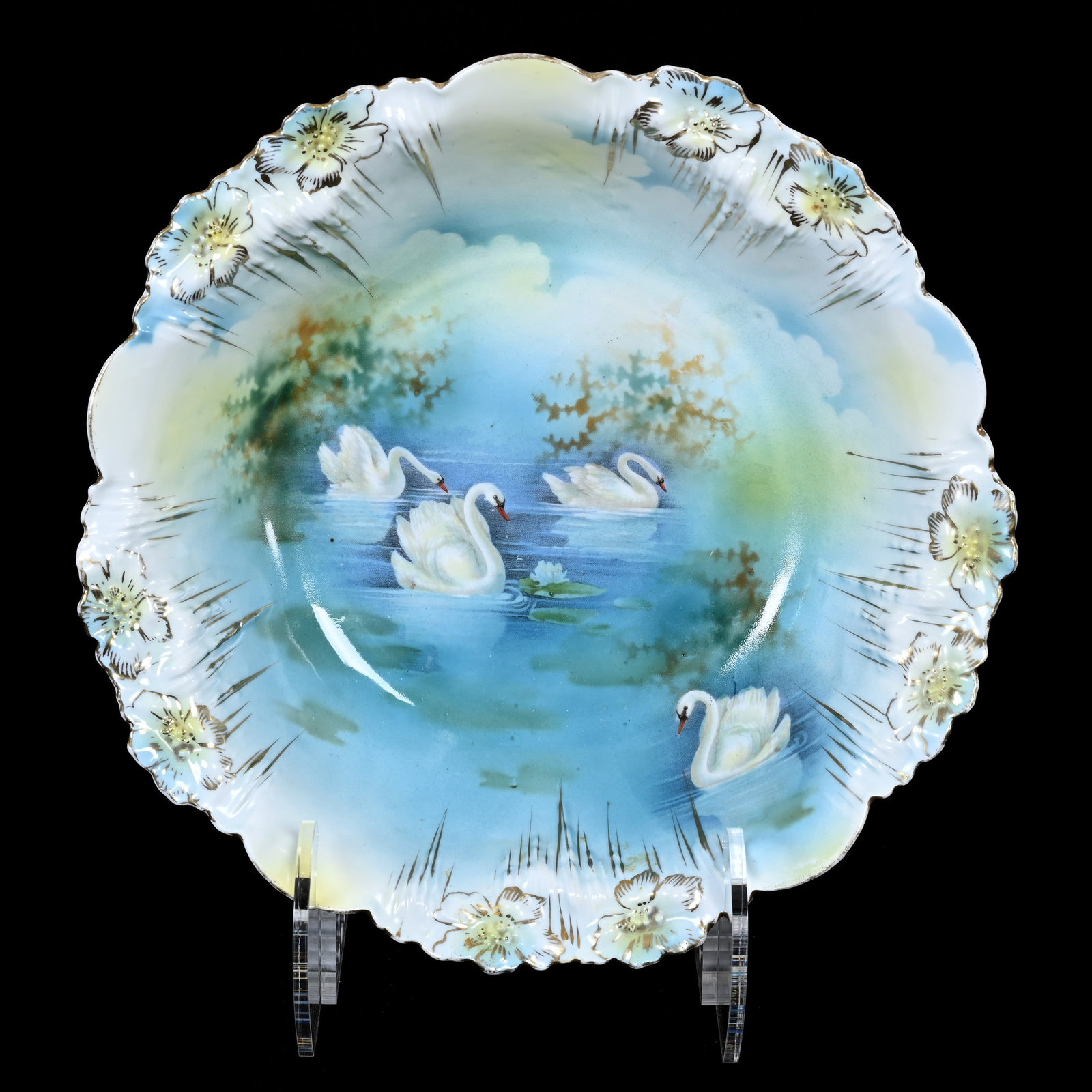 Bowl Marked R.S. Prussia, Icicle Mold, Swan Decor: Bowl Marked R.S. Prussia, Icicle Mold, Swan Decor, 10.25",, Private Illinois Collection.