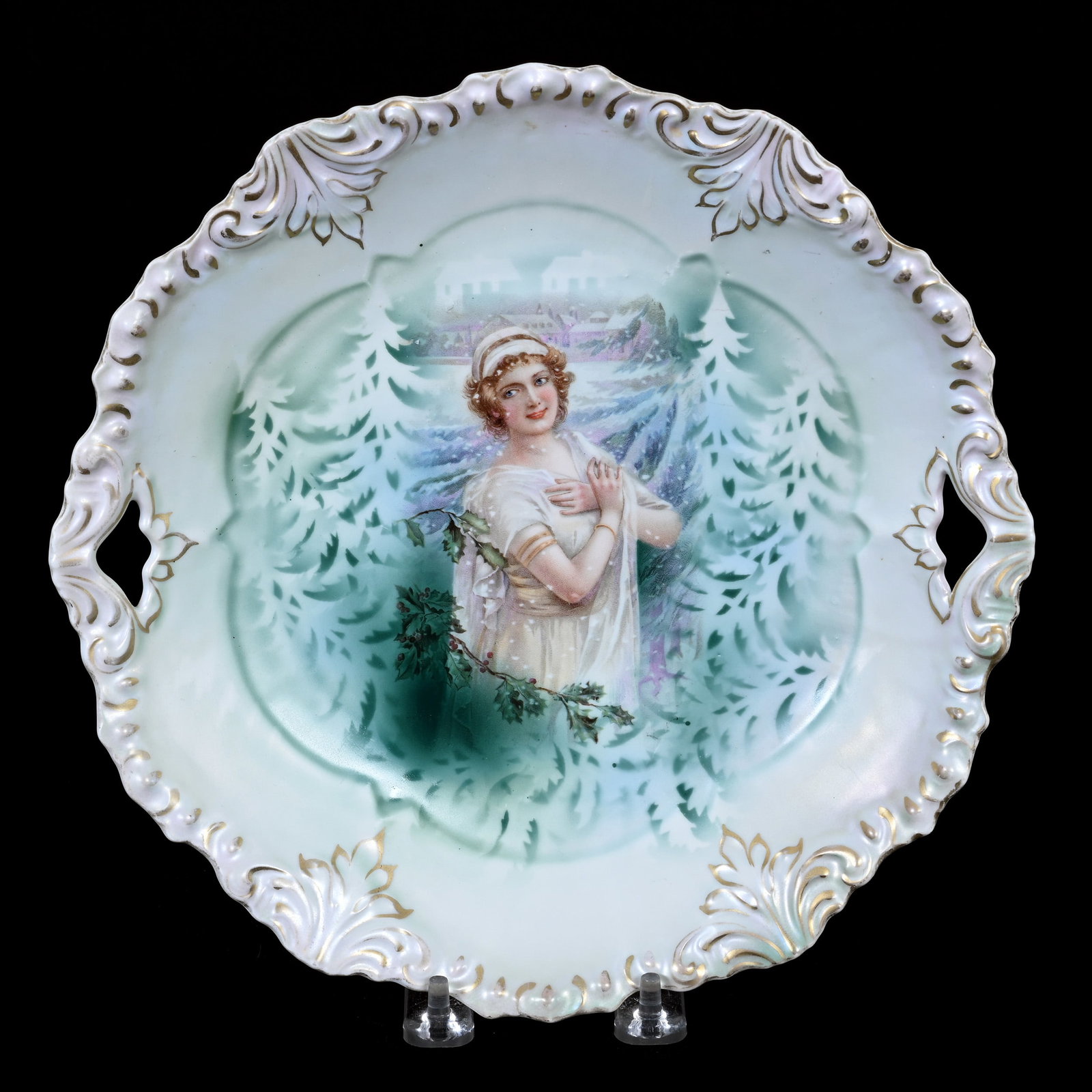 Cake Plate Marked R.S. Prussia, Winter Season Portrait: Cake Plate Marked R.S. Prussia, Winter Season Portrait, 10.25", Fleur De Lys Mold, Satin Finish, Private Illinois Collection.