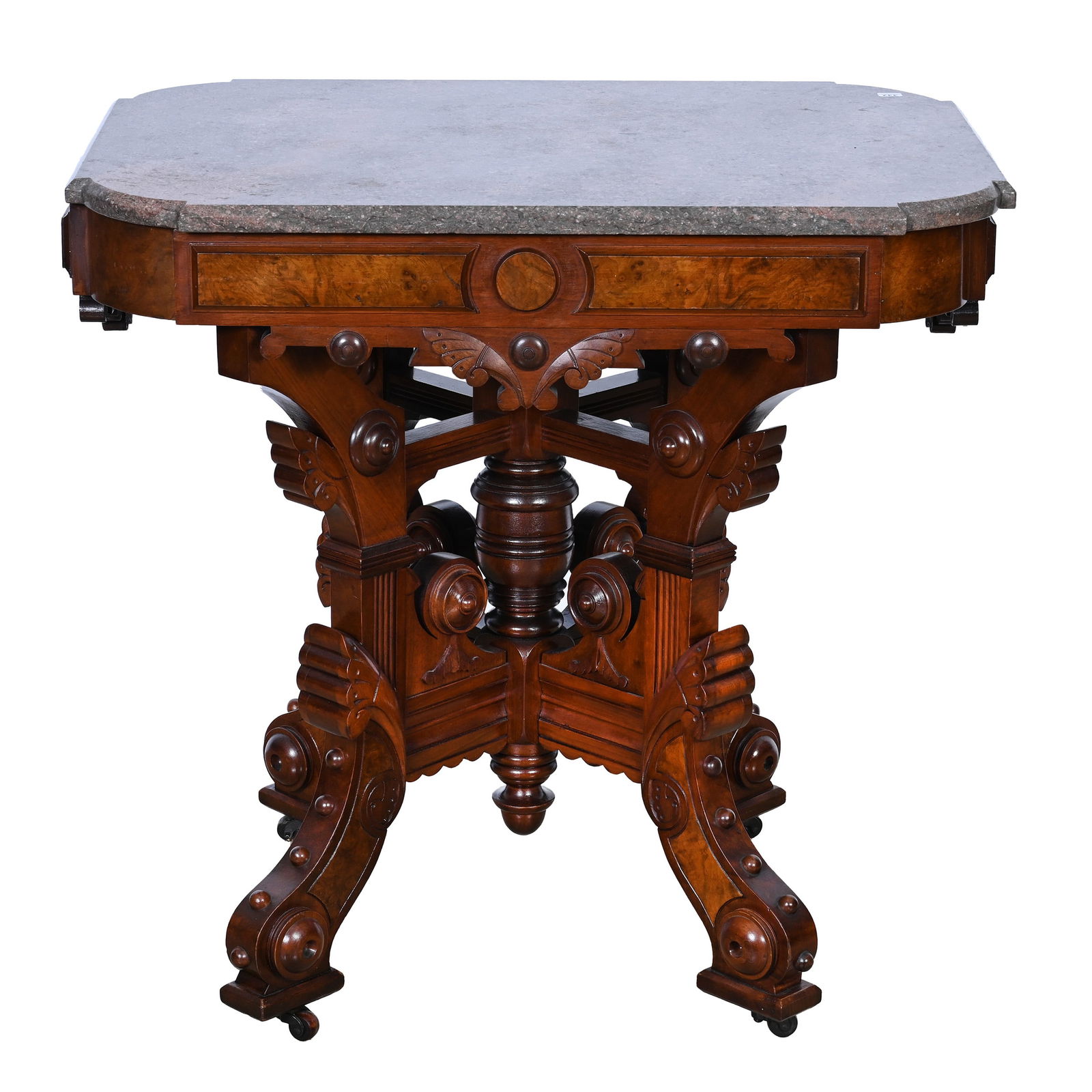 Parlor Table, Victorian Burl Walnut, Gray Marble Top (1 of 4)