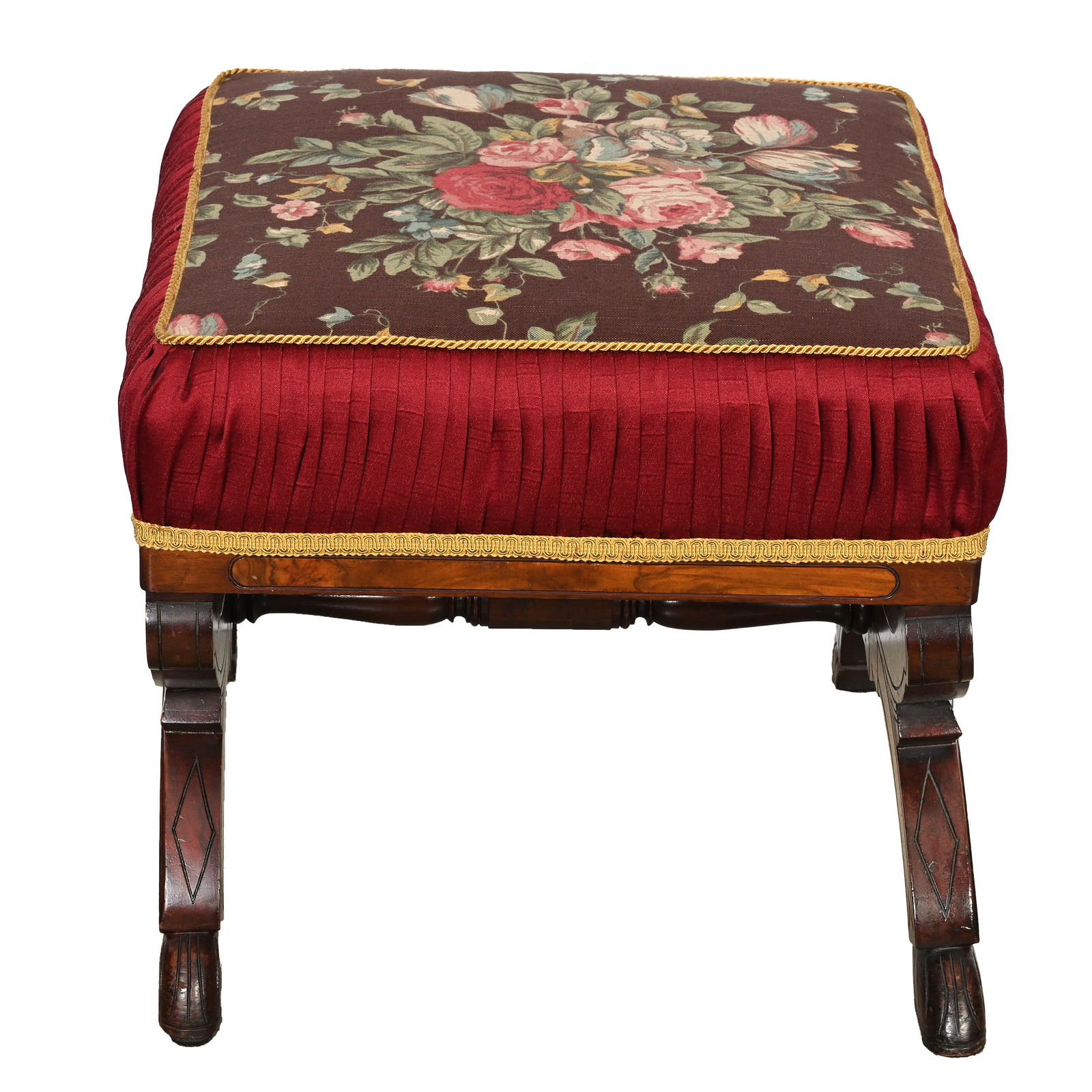 Ottoman, Empire Style Walnut With Pleated Top: Furniture - Ottoman, Empire Style Walnut With Pleated Top, 17.5" x 19", Nice Form, Total Weight Six Pounds. Woody Auction Cannot Ship This Item, It Must Be Picked Up In Person In Douglass, KS Or Shipp