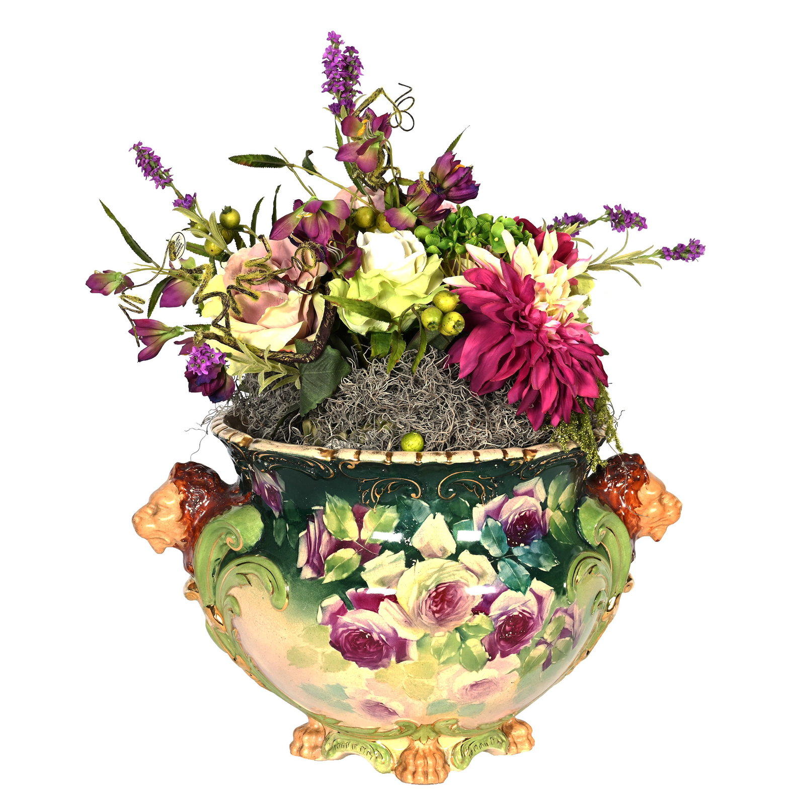 Two-Piece Jardiniere, Unmarked Porcelain: Furniture - Two-Piece Jardiniere, Unmarked Porcelain, Bowl Is 12.5" x 18", Total Height 33", Huge Lion Head Figural Handles, Hand Painted Rose Decor, Some Old Crazing Lines, Total Weight Of Approximat