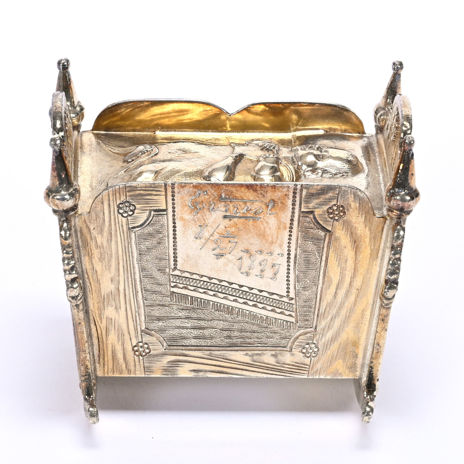 Figural Napkin Ring, Cradle With Baby: Figural Napkin Ring, Cradle With Baby, 2.25" x 2.5", Tufts #1620 Silverplate, Personalized "Ernest" Dated 8/27/1897, Private Illinois Collection.