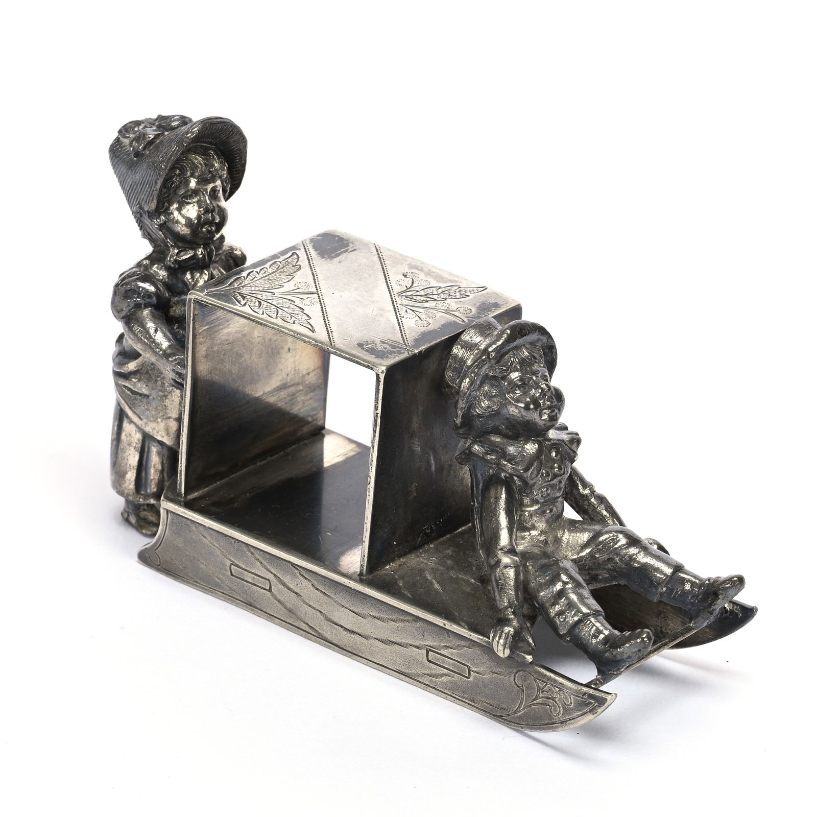 Figural Napkin Ring, Kate Greenaway Boy & Girl On Sled (1 of 3)