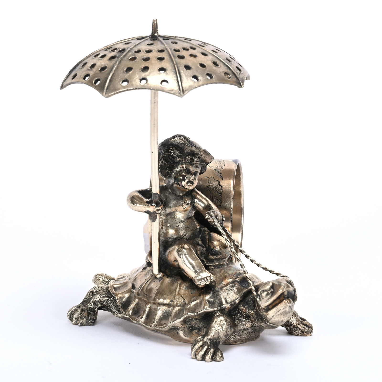 Figural Napkin Ring, Putti Riding Turtle With Umbrella (1 of 3)