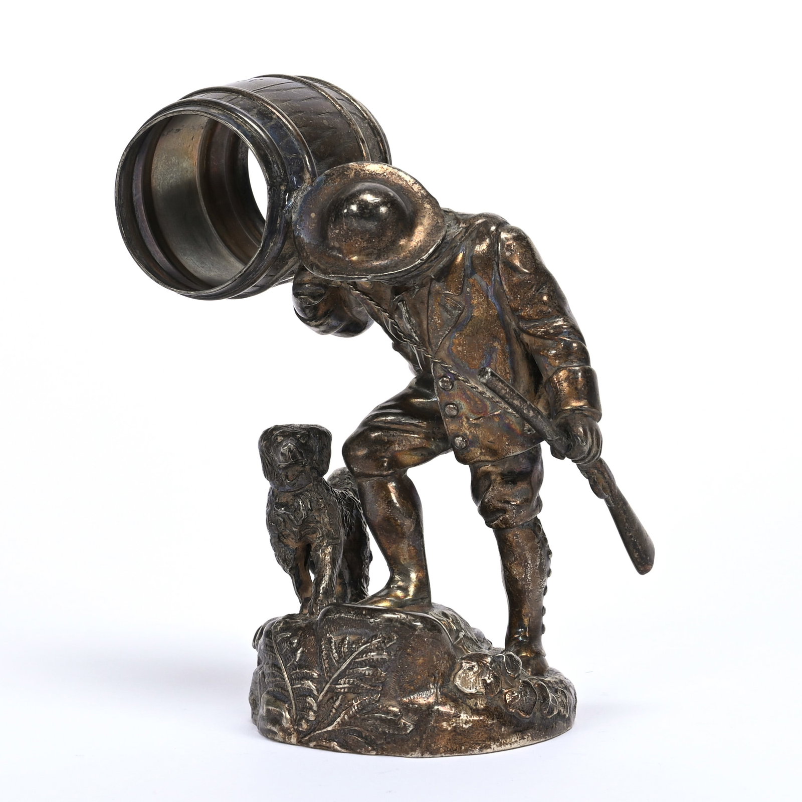 Figural Napkin Ring, Rip Van Winkle With Dog: Figural Napkin Ring, Rip Van Winkle With Dog, 5" x 4", Simpson Hall & Miller #08 Silverplate, Exactly As Shown On Cover Of Figural Napkin Rings By Gottschalk & Whitson, Also Shown On Page 142, Some Re