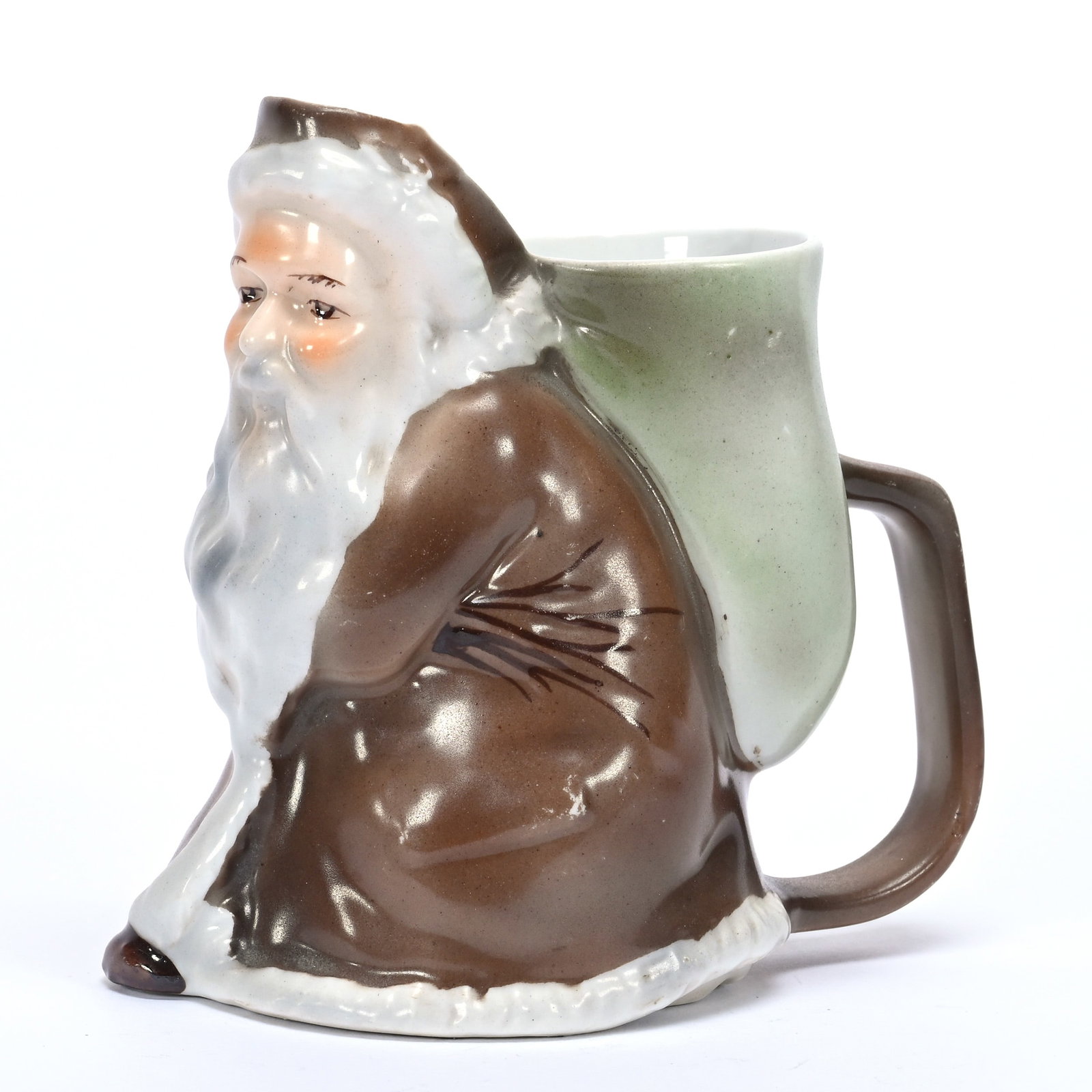 Santa Claus Creamer, Royal Bayreuth: Santa Claus Creamer, Royal Bayreuth, 4.25" x 4.25", Brown Jacket, Unmarked, Private Illinois Collection.