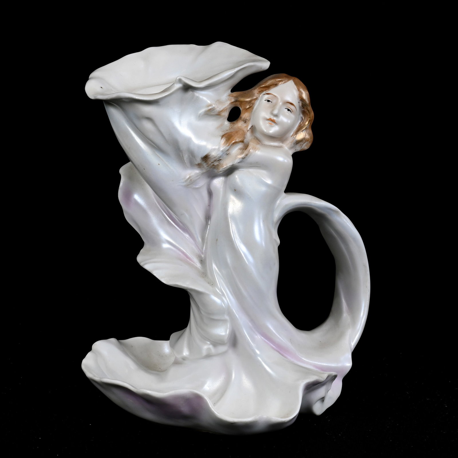 Art Nouveau Lady Chamber Stick, Royal Bayreuth: Art Nouveau Lady Chamber Stick, Royal Bayreuth, 6.5" x 5.25", White And Pink Satin, Blue Mark, Private Illinois Collection.