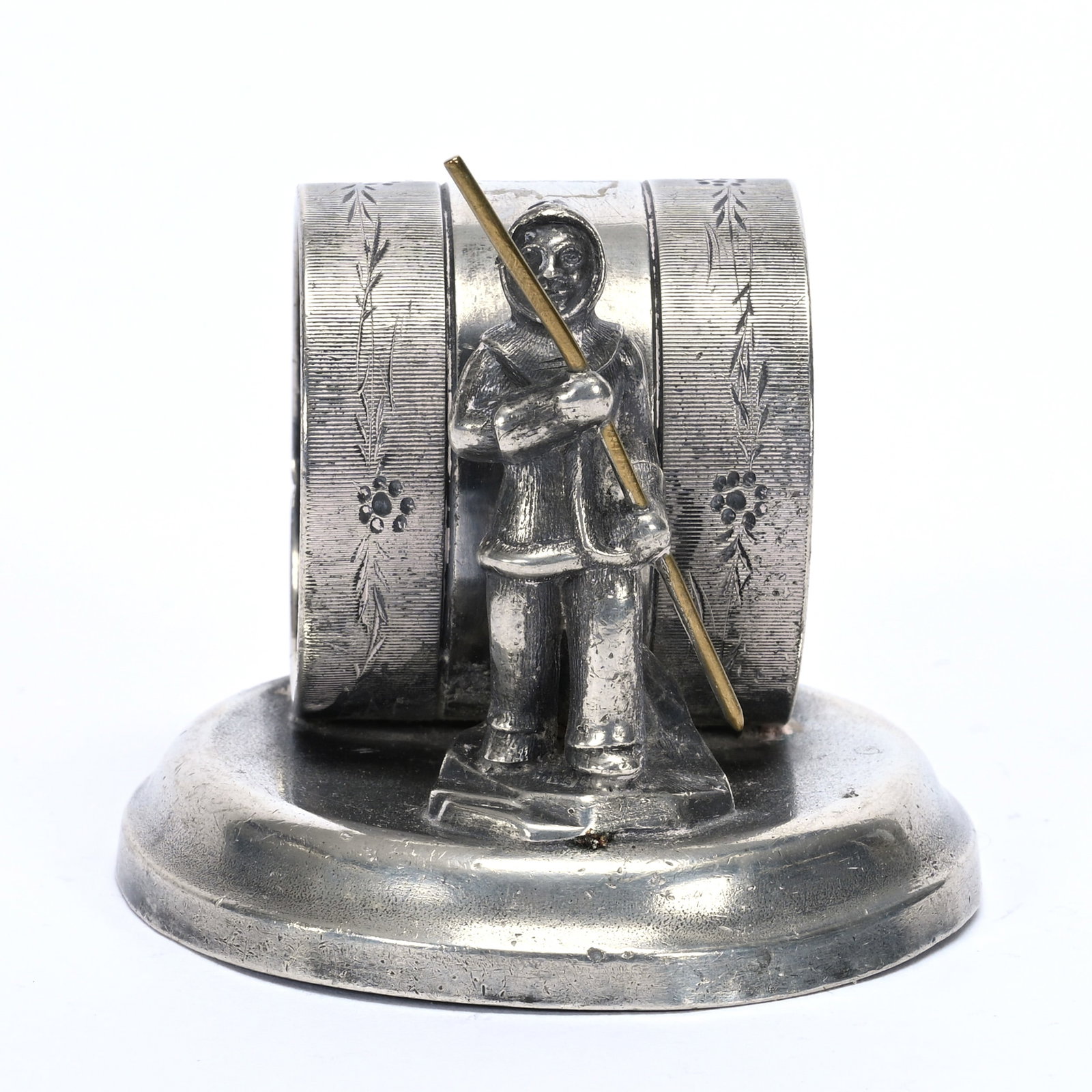 Figural Napkin Ring, Eskimo On Ice: Figural Napkin Ring, Eskimo On Ice, 2.5" x 2.75", Meriden #220 Silverplate, The Ring Is Slightly Out-Of-Round, Private Illinois Collection.