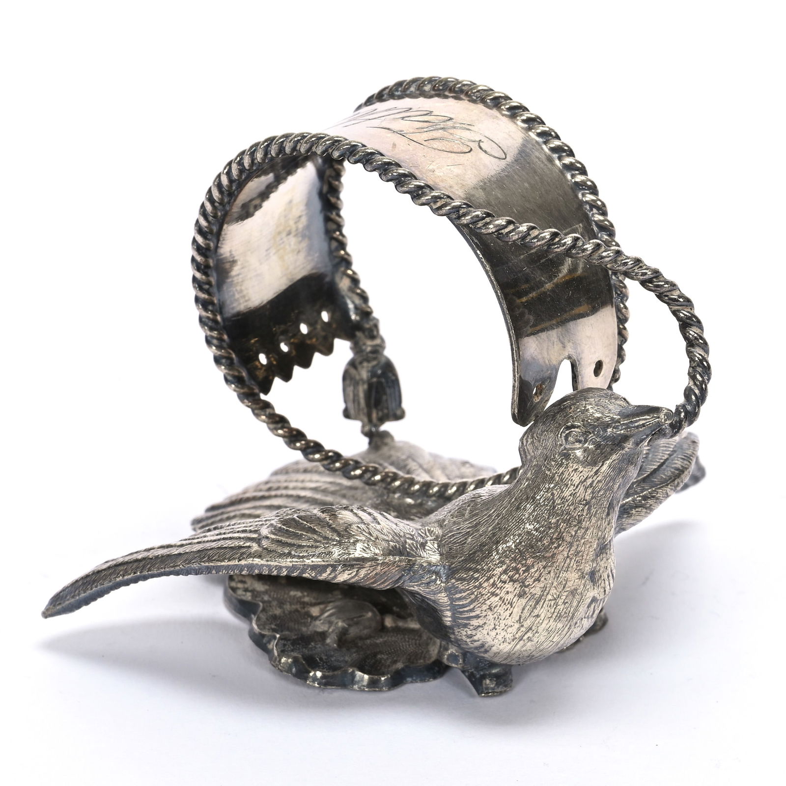 Figural Napkin Ring, Bird Pulling Tassel (1 of 4)