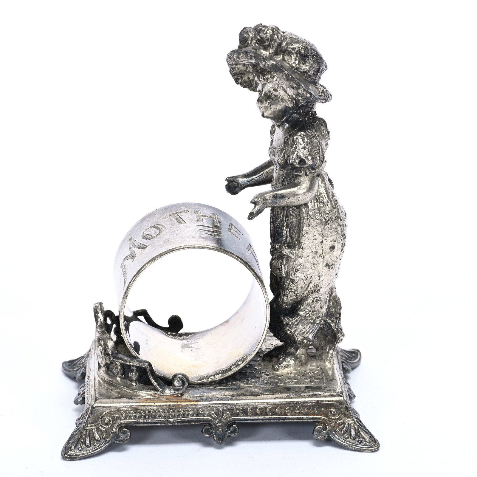 Figural Napkin Ring, Victorian Woman: Figural Napkin Ring, Victorian Woman, 5" x 3.75", Tufts #3405 Silverplate, Inscribed "Mother", Private Illinois Collection.