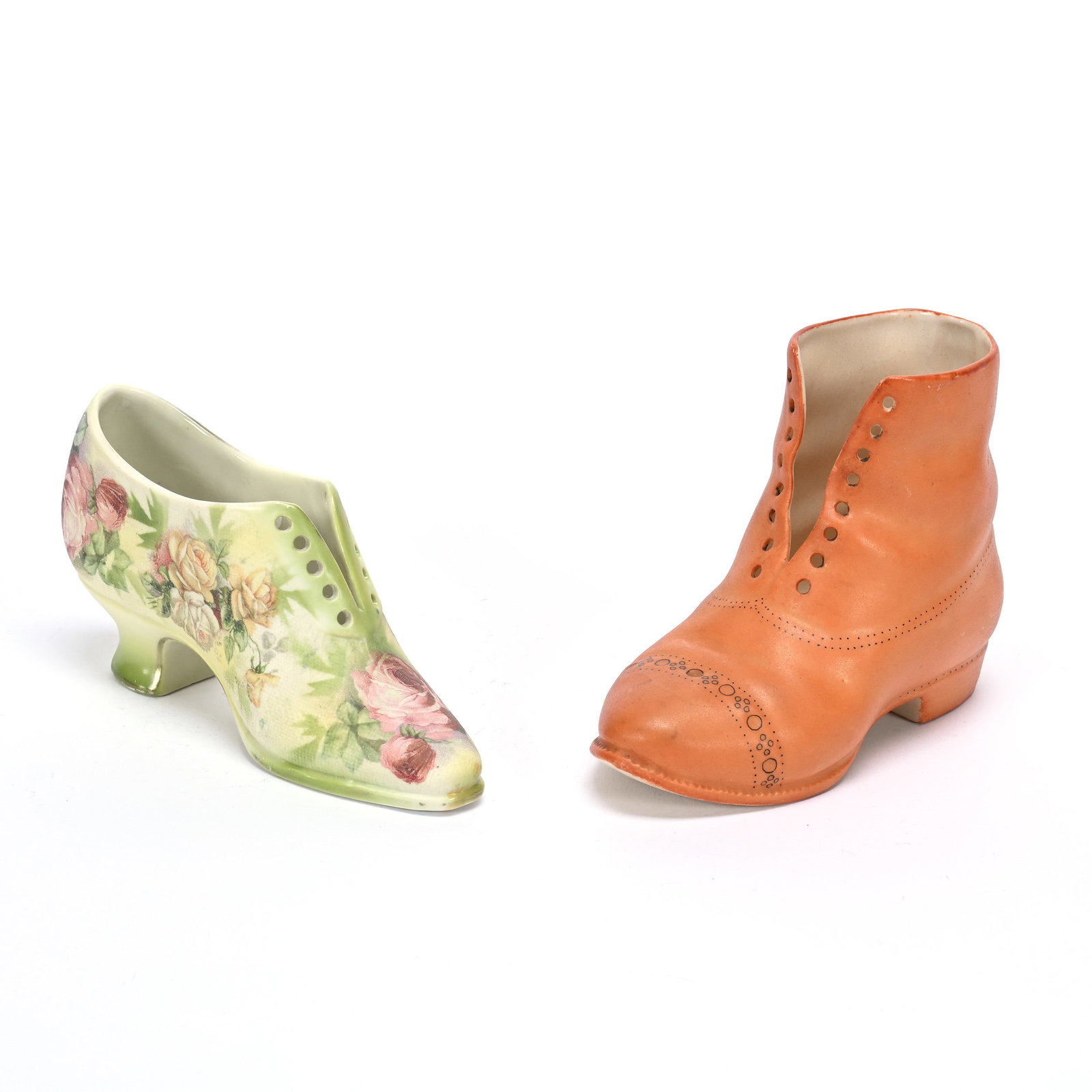 (2) Shoes Attributed To Royal Bayreuth: (2) Shoes Attributed To Royal Bayreuth, (1) 3.25" X 4.75" Brown Boot, Unmarked, (1) 2.5" X 5" Slipper, Rose Tapestry, Marked, Private Illinois Collection.
