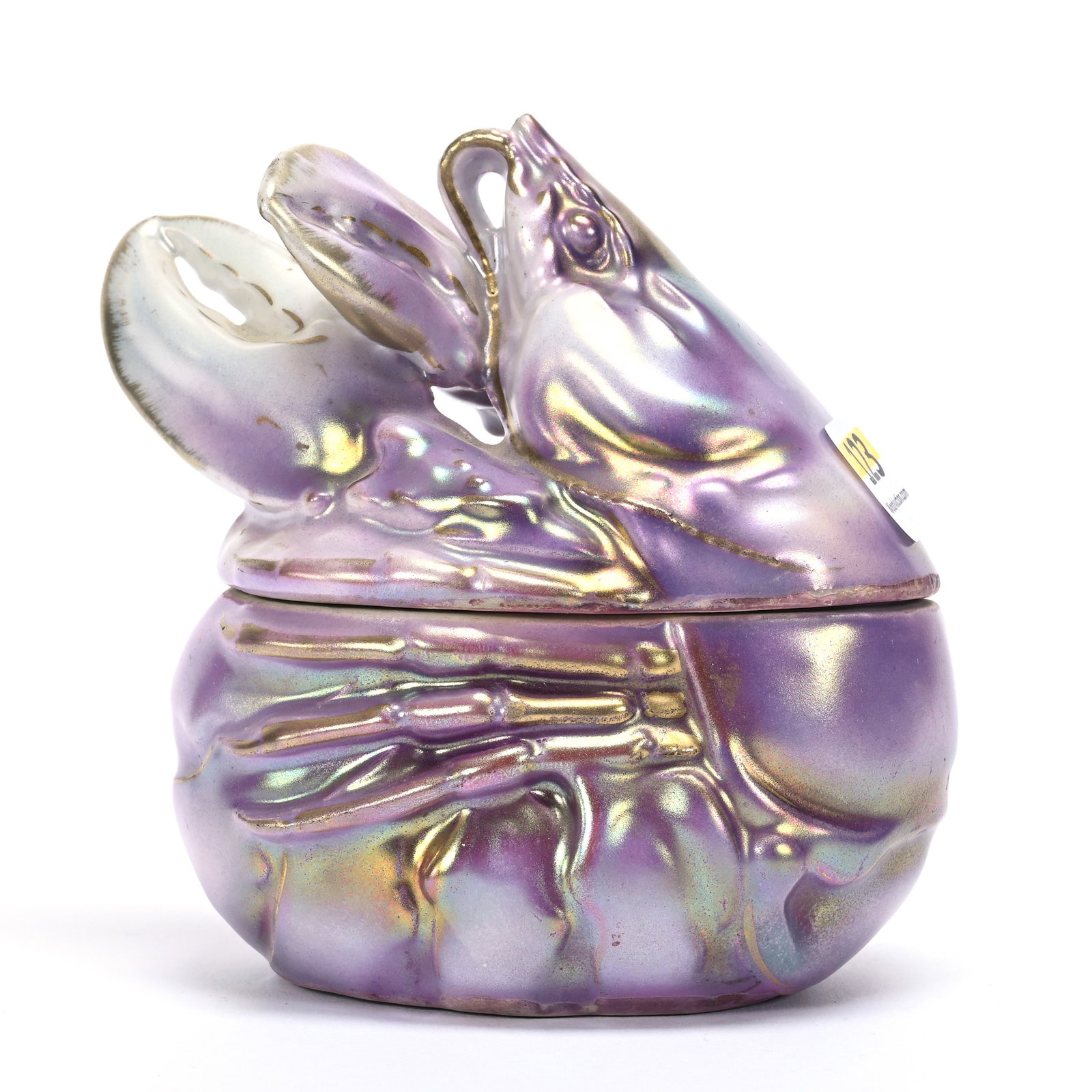 Lobster Covered Sugar, Royal Bayreuth Blue Mark: Lobster Covered Sugar, Royal Bayreuth Blue Mark, 4" x 3.75", Rare Pearlized Lavender, Lid With Inside Rim Chip, Private Illinois Collection.