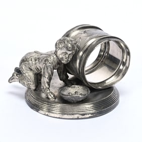 Figural Napkin Ring, Boy Gathering Eggs