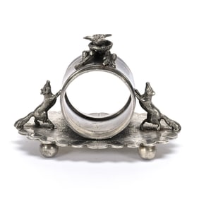 Figural Napkin Ring, Two Foxes & Bird's Nest