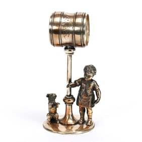 Figural Napkin Ring, Boy & Dog Near Lamp Post