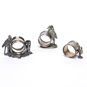 (3) Figural Napkin Rings, Bird Figures, Silverplate