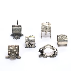 (6) Figural Napkin Rings, Silverplate, Foliage Design