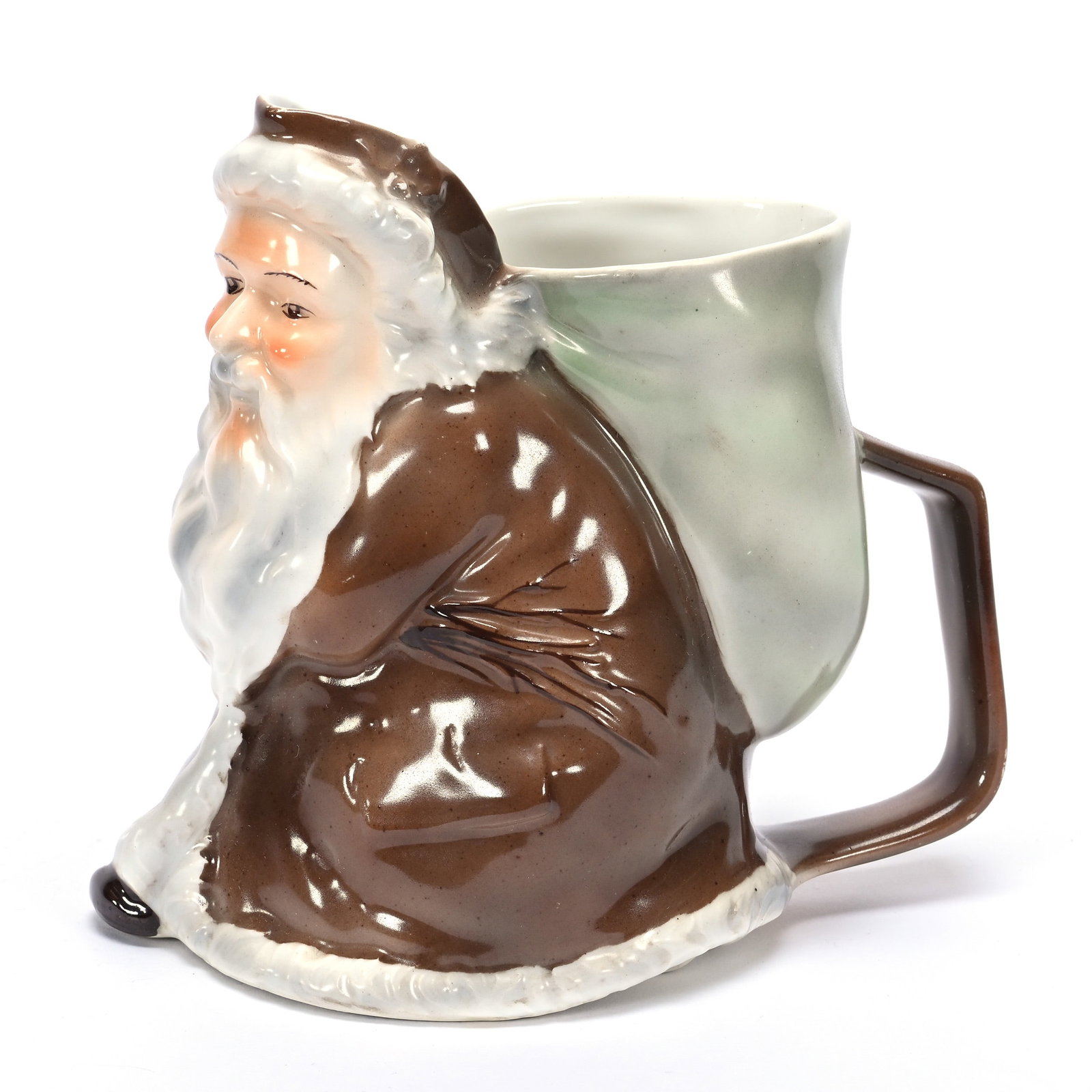 Santa Claus Water Pitcher, Royal Bayreuth: Santa Claus Water Pitcher, Royal Bayreuth, 6" x 6.5", Unmarked, Brown Jacket, Private Illinois Collection.