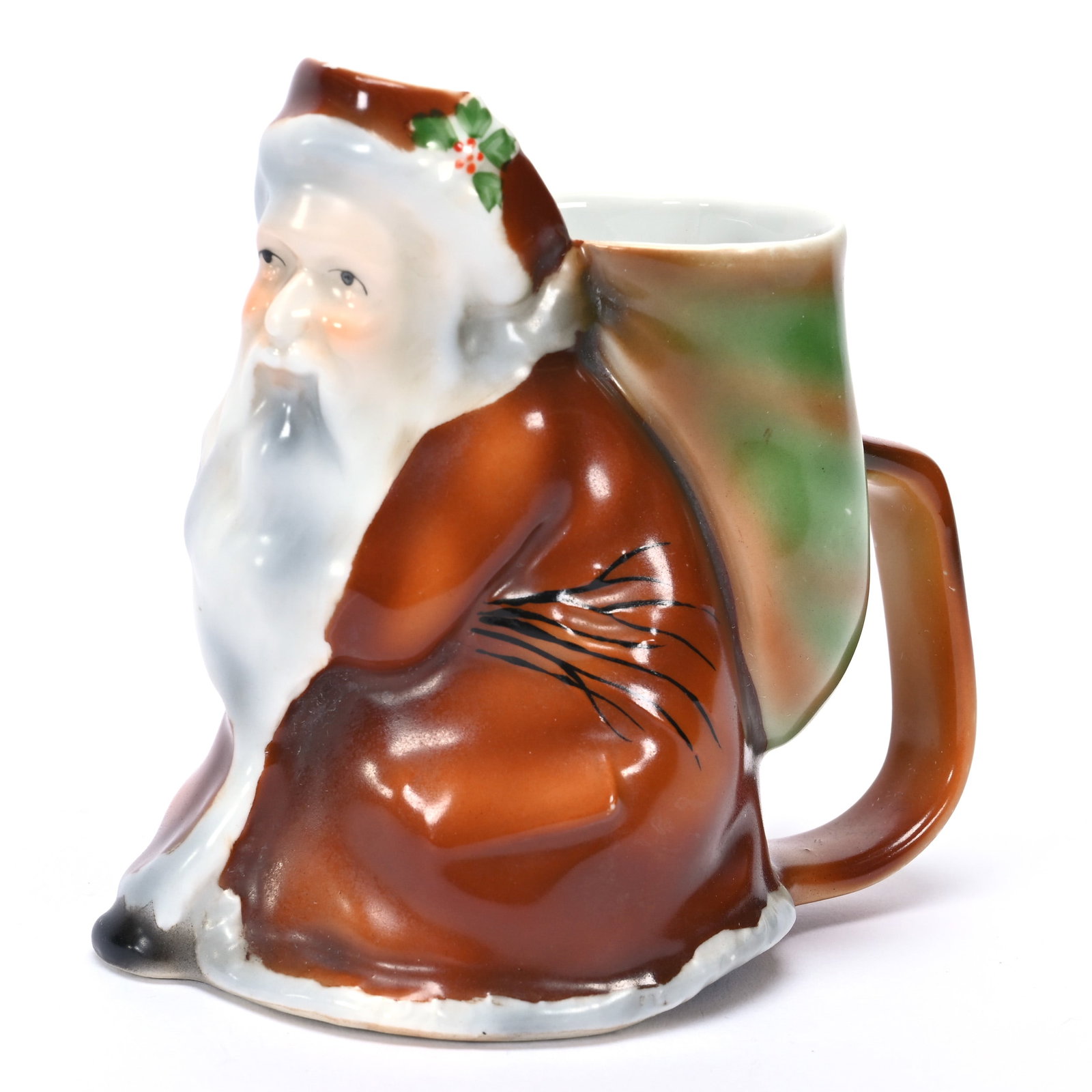 Santa Claus Creamer, Royal Bayreuth Blue Mark: Santa Claus Creamer, Royal Bayreuth Blue Mark, 4.25" x 4.25", Brown Jacket, Private Illinois Collection.