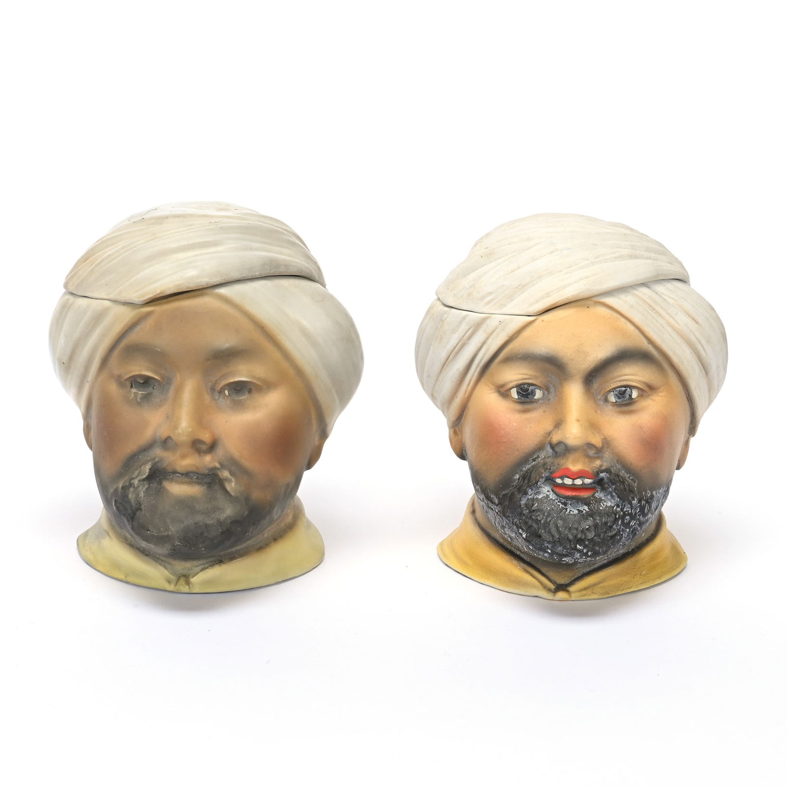 (2) Figural Humidors, Unmarked Bisque: (2) Figural Humidors, Unmarked Bisque, 4.5" x 4.25", Arab Men With Turbans, Pictured In Royal Bayreuth Collector's Guide By Mary McCaslin, Page 79, Private Illinois Collection.