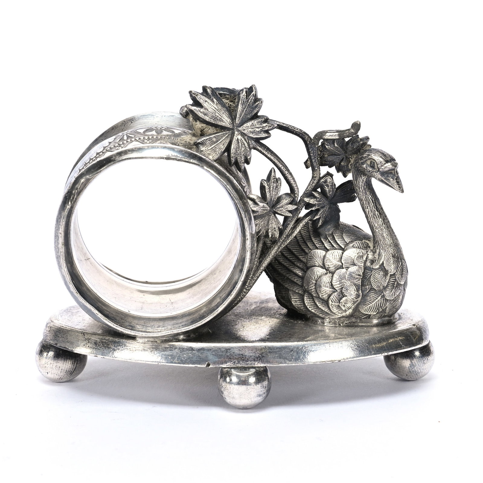 Figural Napkin Ring, Swan: Figural Napkin Ring, Swan, 2.75" x 3.5", Meriden #312 Silverplate, One Ball Foot Is Loose, May Need Re-Attached, Private Illinois Collection.