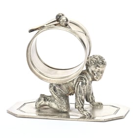 Figural Napkin Ring, Boy With Drum On Back