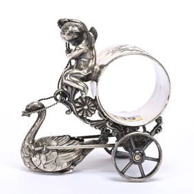 Figural Napkin Ring, Cherub & Swan Pulling Cart