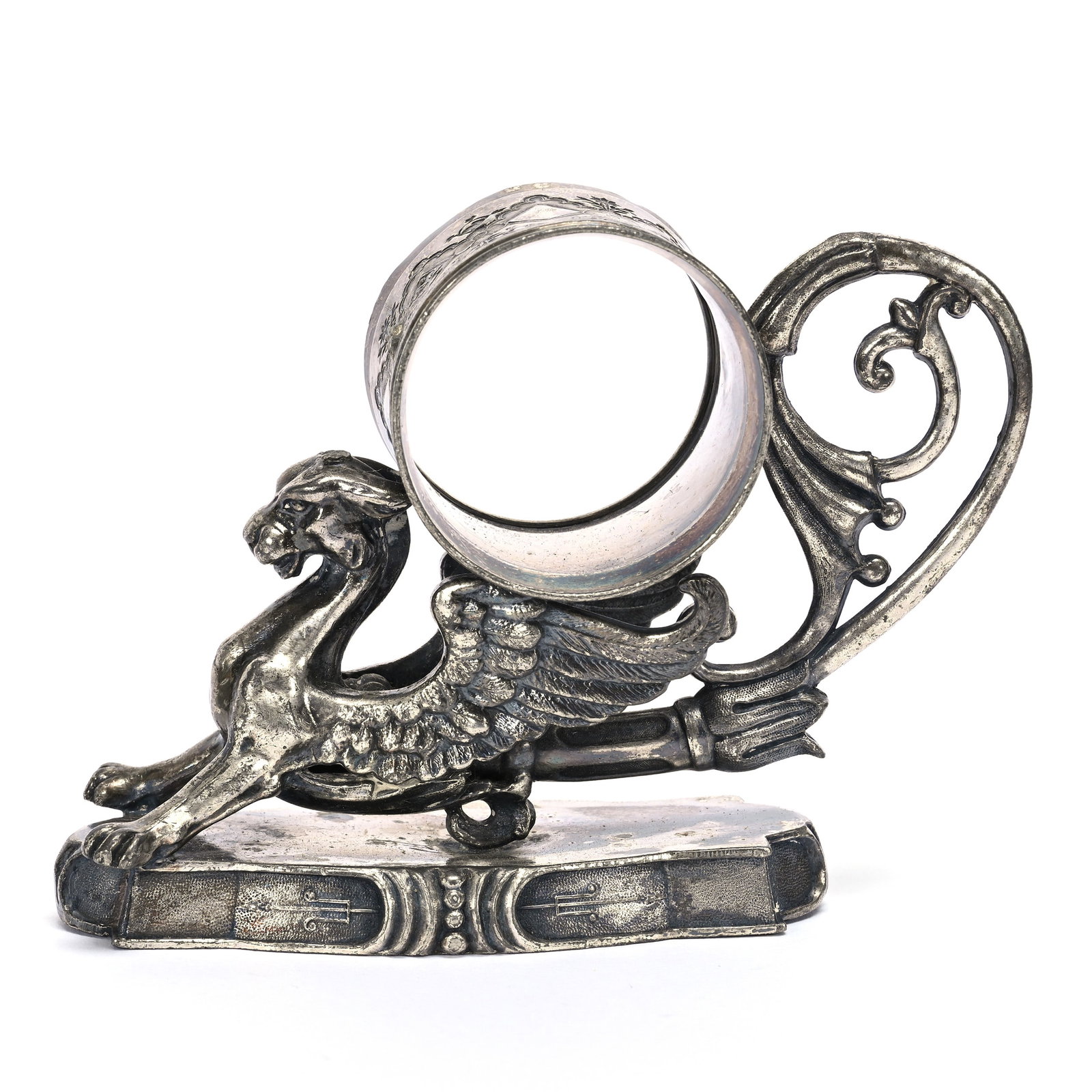 Figural Napkin Ring, Griffin: Figural Napkin Ring, Griffin, 2.5" x 4.75", Meriden #283 Silverplate, Some Missing From Head To Ring, Private Illinois Collection.