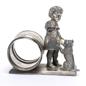 Figural Napkin Ring, Boy Training Dog