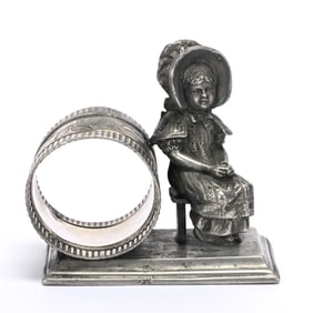 Figural Napkin Ring, Girl In Bonnet On Bench