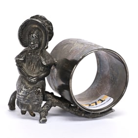 Figural Napkin Ring, Girl In Bonnet Sitting On Branch
