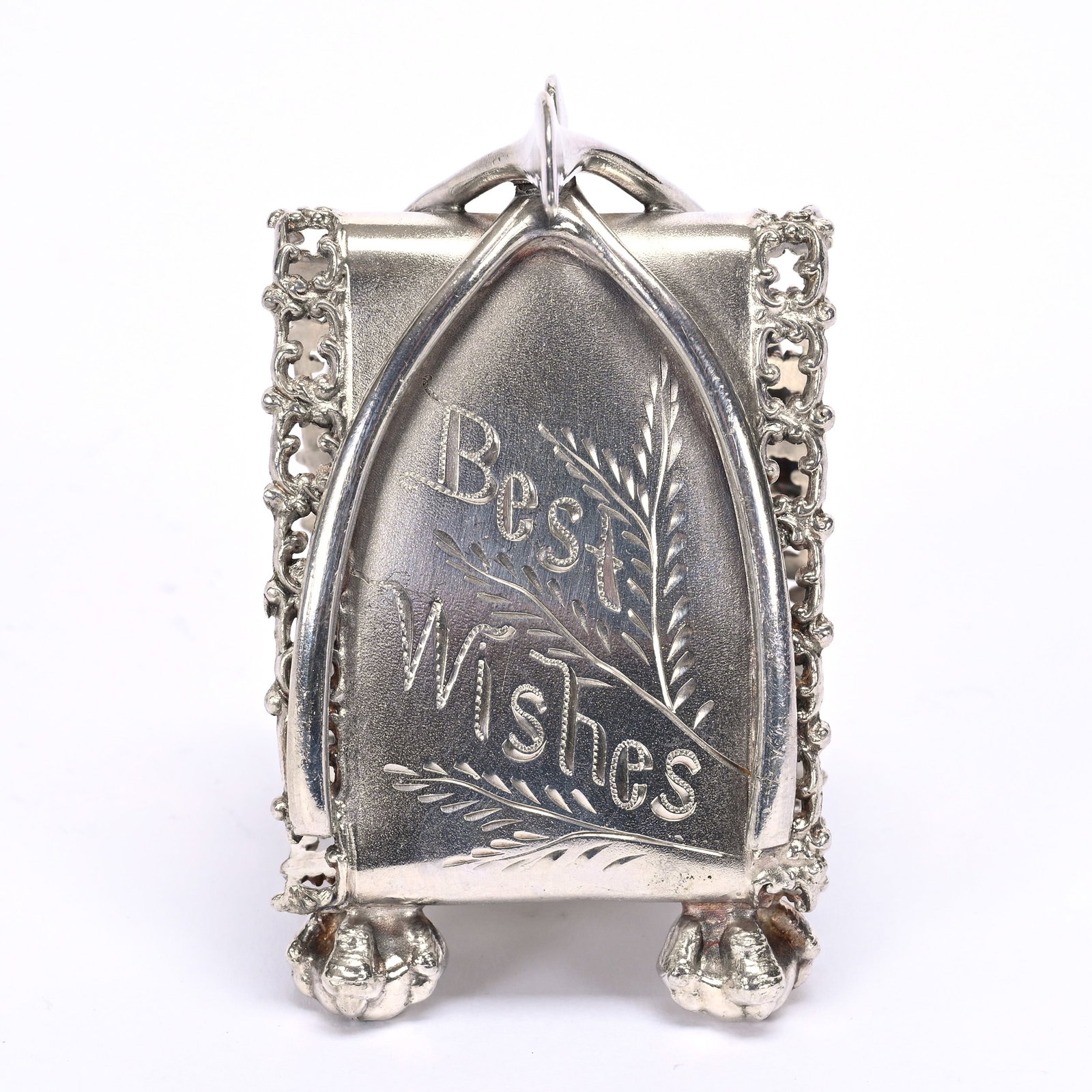 Figural Napkin Ring, Triangular Wishbone Design: Figural Napkin Ring, Triangular Wishbone Design, 3" x 2.25", Meriden #630 Silverplate, Inscribed "Best Wishes", Private Illinois Collection.