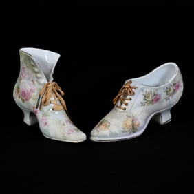 (2) Rose Tapestry Shoes, Royal Bayreuth Blue Mark