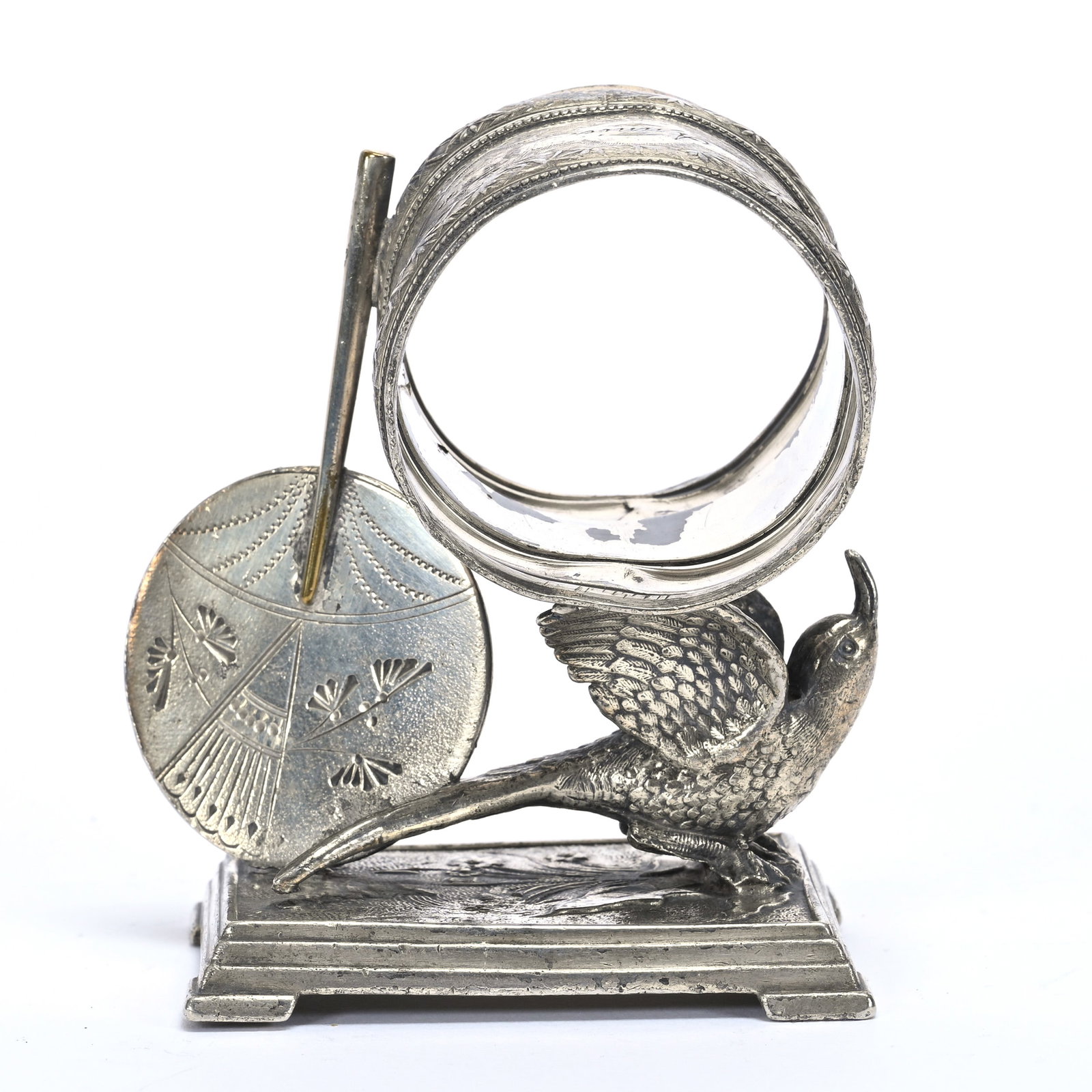 Figural Napkin Ring, Hummingbird & Paddle Fan: Figural Napkin Ring, Hummingbird & Paddle Fan, 3.5" x 2.75", Derby #346 Silverplate, Private Illinois Collection.