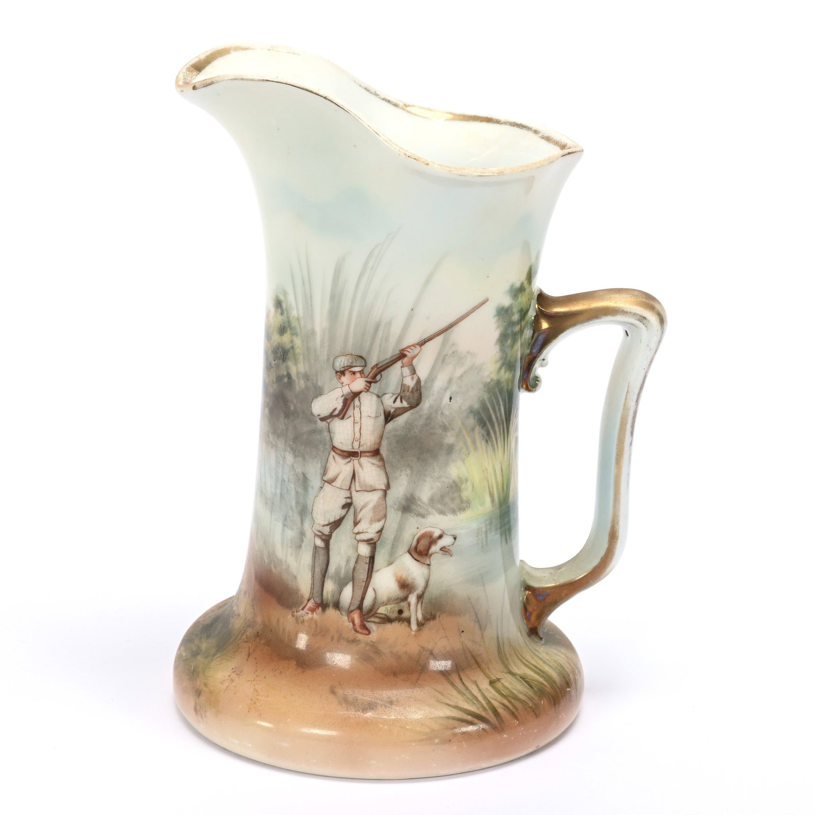 Scenic Pitcher, Royal Bayreuth Blue Mark: Scenic Pitcher, Royal Bayreuth Blue Mark, 7.5" x 5", Duck Hunter, Private Illinois Collection.