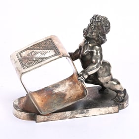 Figural Napkin Ring, Naked Baby Pushing Square Ring