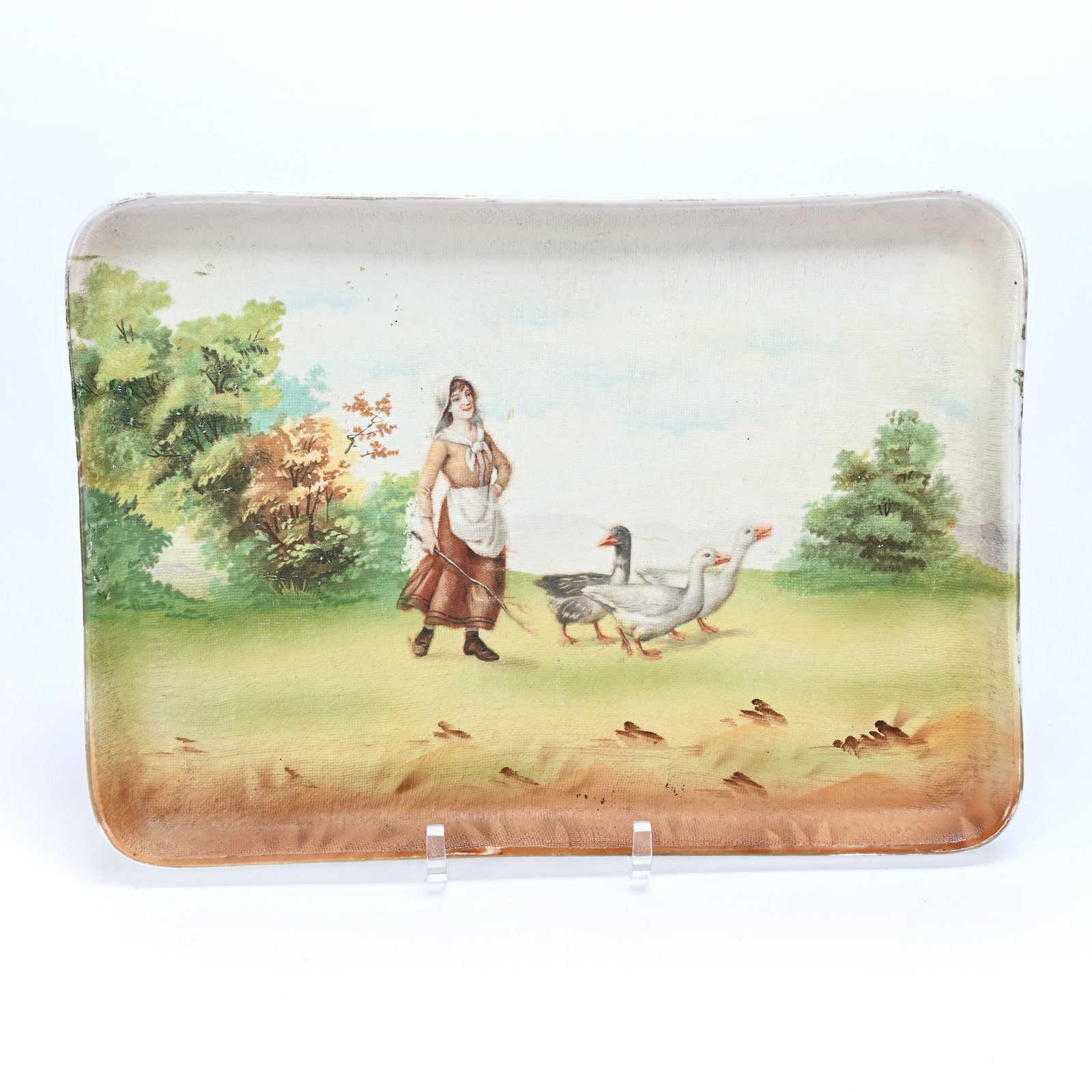 Tapestry Dresser Tray, Royal Bayreuth Blue Mark: Tapestry Dresser Tray, Royal Bayreuth Blue Mark, 11" x 7.75", Goose Girl, Private Illinois Collection.