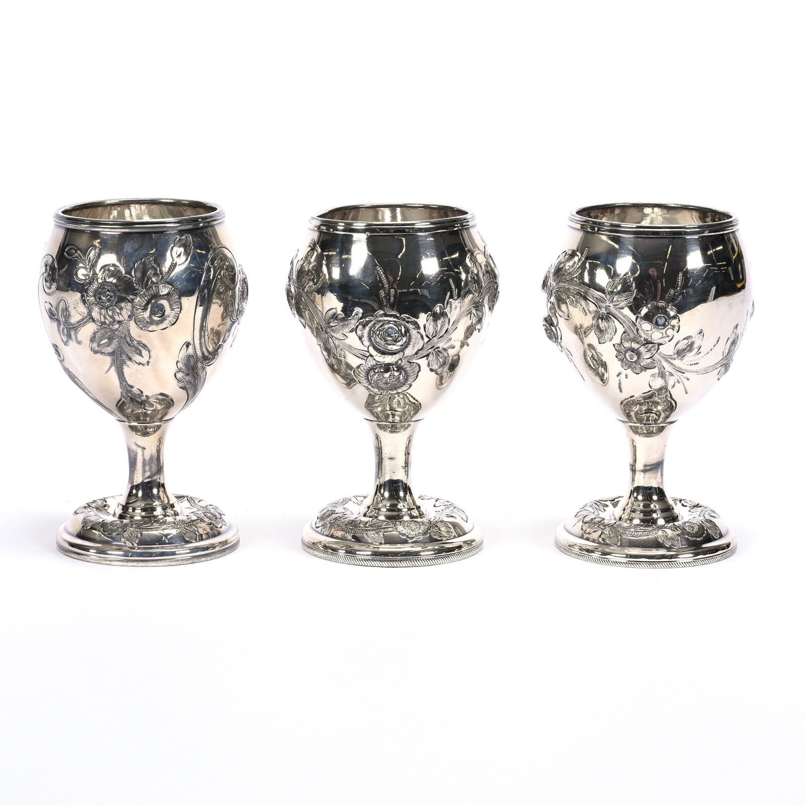 (3) Wine Stems, Embossed Silverplate, Unmarked: (3) Wine Stems, Embossed Silverplate, Unmarked, 4.75" x 2.75", See Photos For Details, Private Illinois Collection.