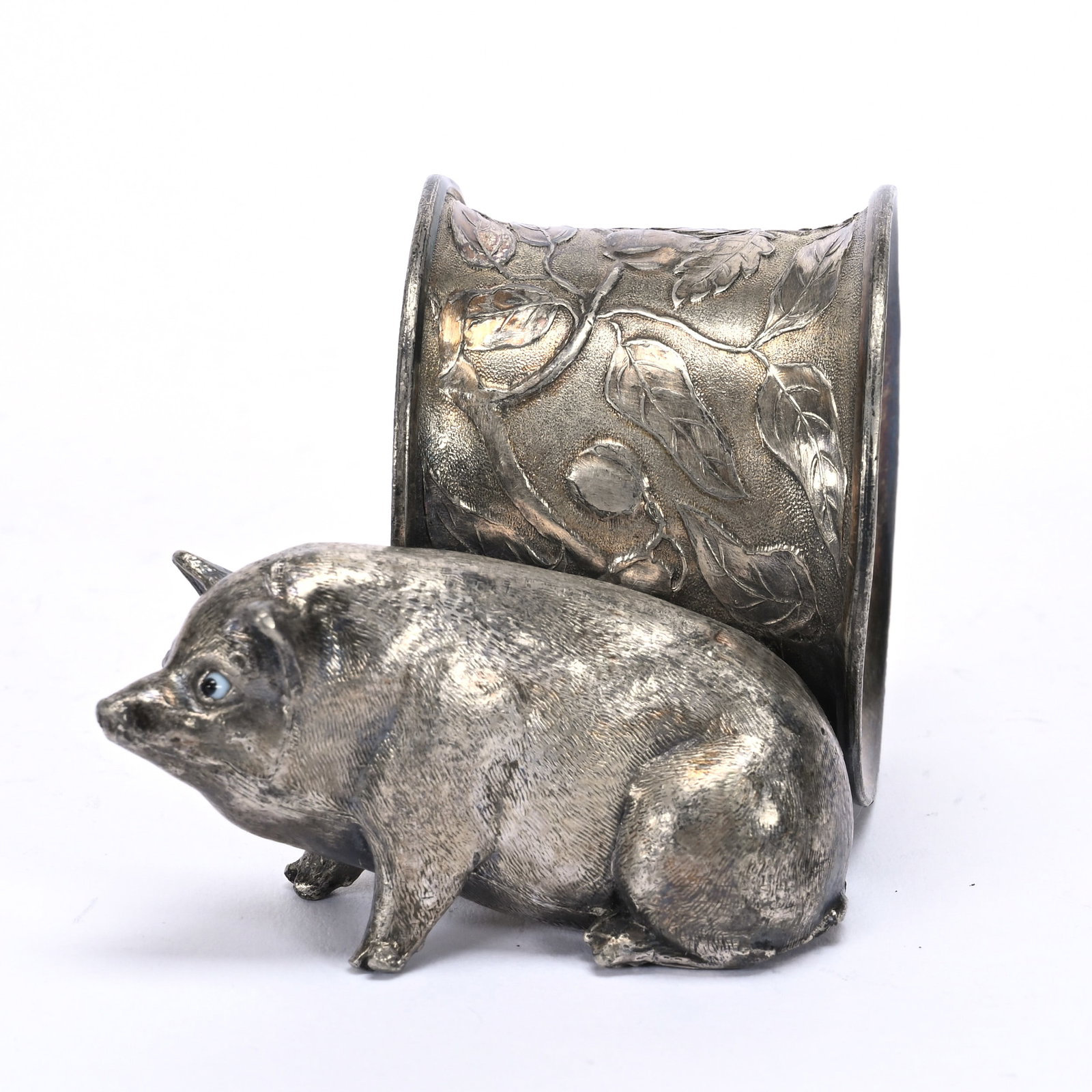 Figural Napkin Ring, Pig With Glass Eyes: Figural Napkin Ring, Pig With Glass Eyes, 2" x 3", Believe To Be Marked Morgan Silver Company #37, Private Illinois Collection.