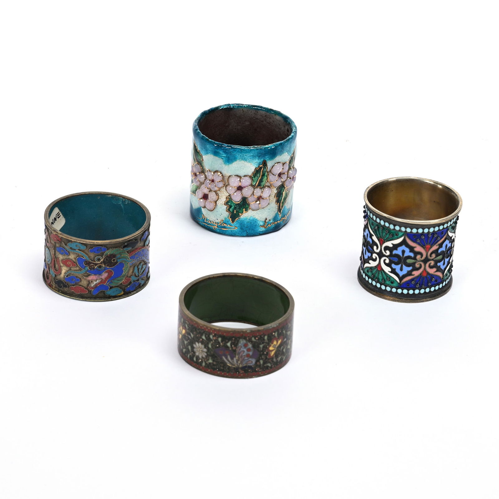 (4) Napkin Rings, Cloisonne & French Enamel: (4) Napkin Rings, Cloisonne & French Enamel, (3) Cloisonne, (1) French Enamel Marked Limoges, See Photos For Details, Private Illinois Collection.