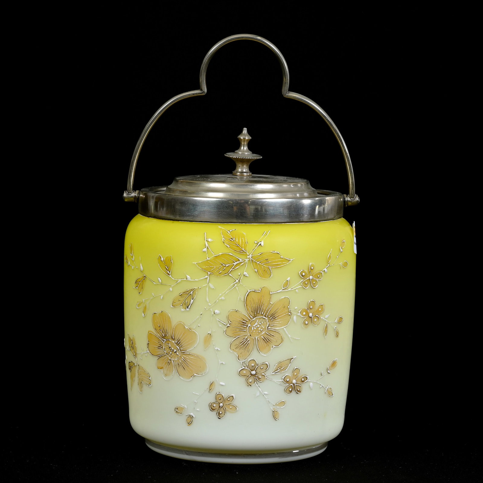Biscuit Jar, Yellow Satin Art Glass: Biscuit Jar, Yellow Satin Art Glass, 7" x 5", Enamel Floral Decor, Silverplate Lid And Bail, Private Illinois Collection.